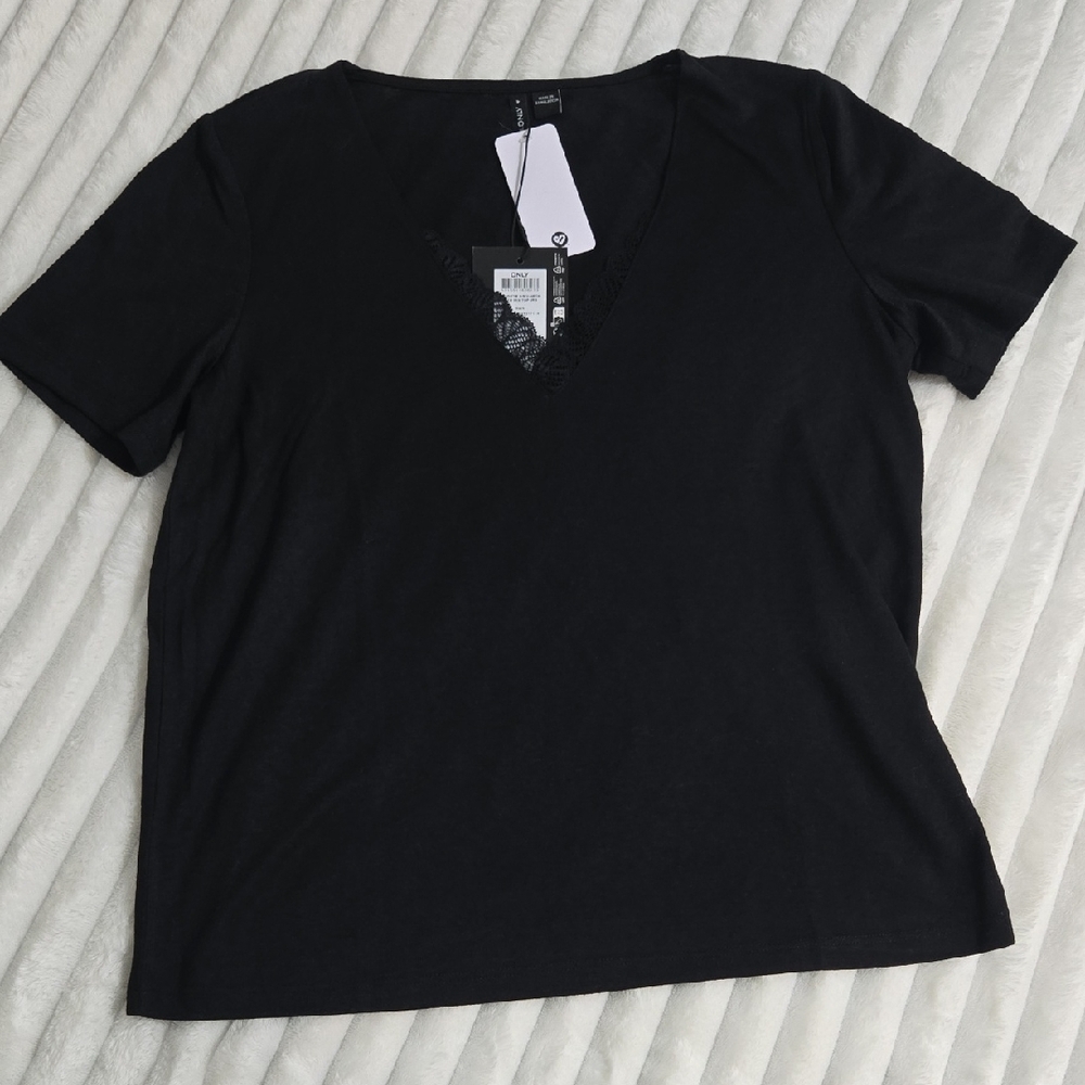 Only Black Lace Trim V-Neck Tee
